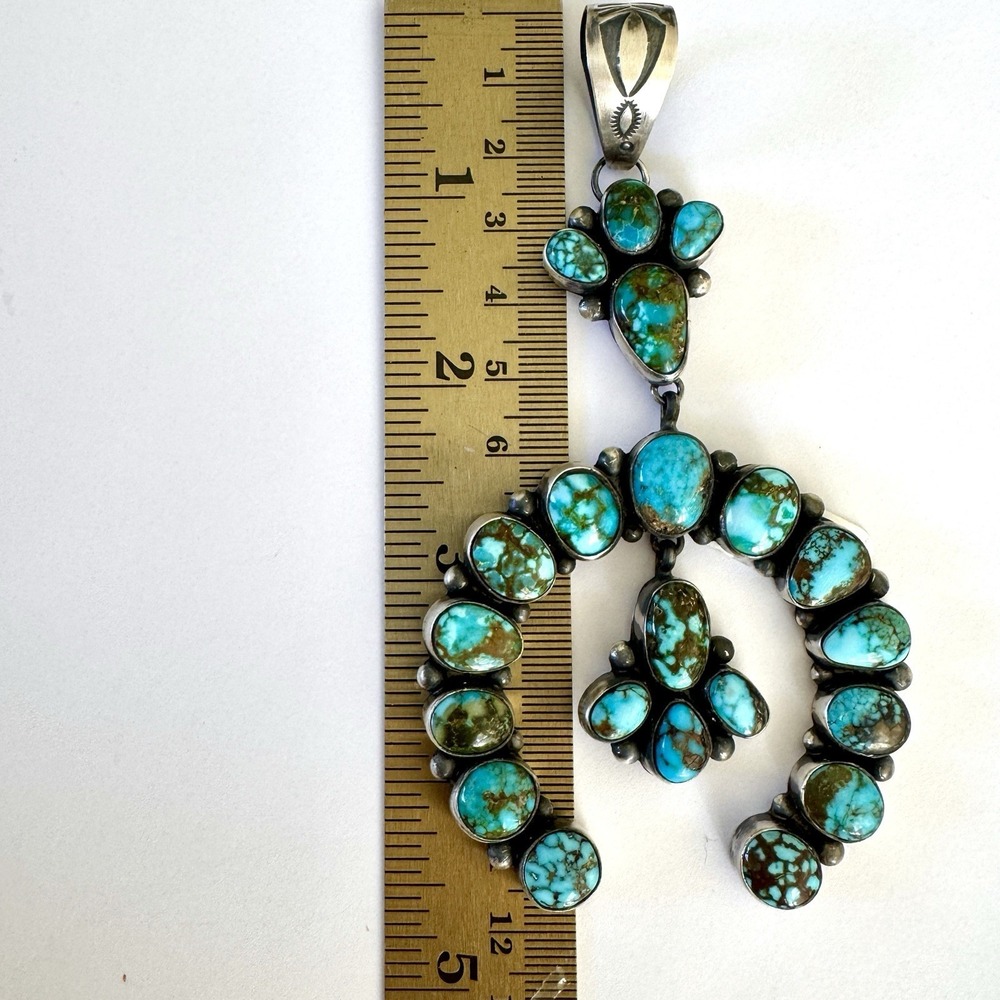 Navajo Naja Pendant Turquoise 4.5in‎ BIG Squash Blossom Signed Smith Native Amer - Picture 9 of 11